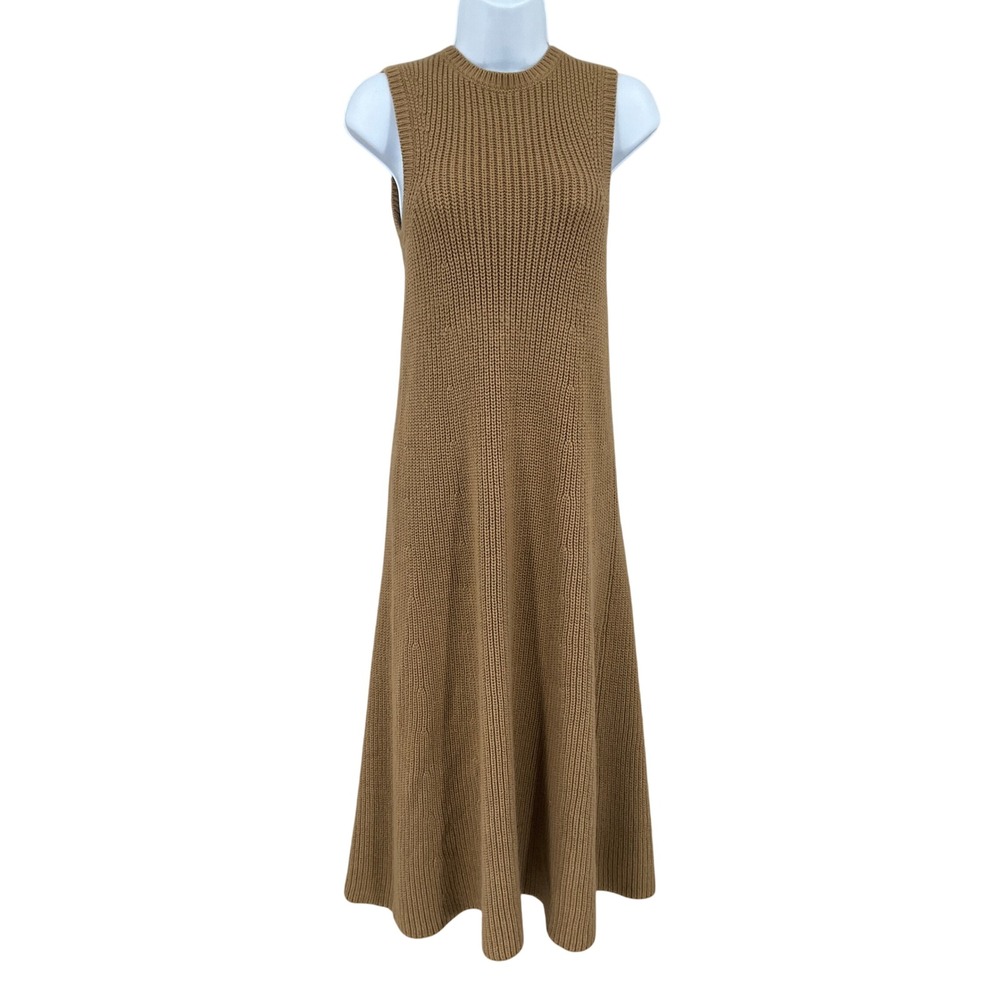 Zara Sweater Dress Womens Small Camel Chunky Knit Sleeveless Midi‎ Ribbed